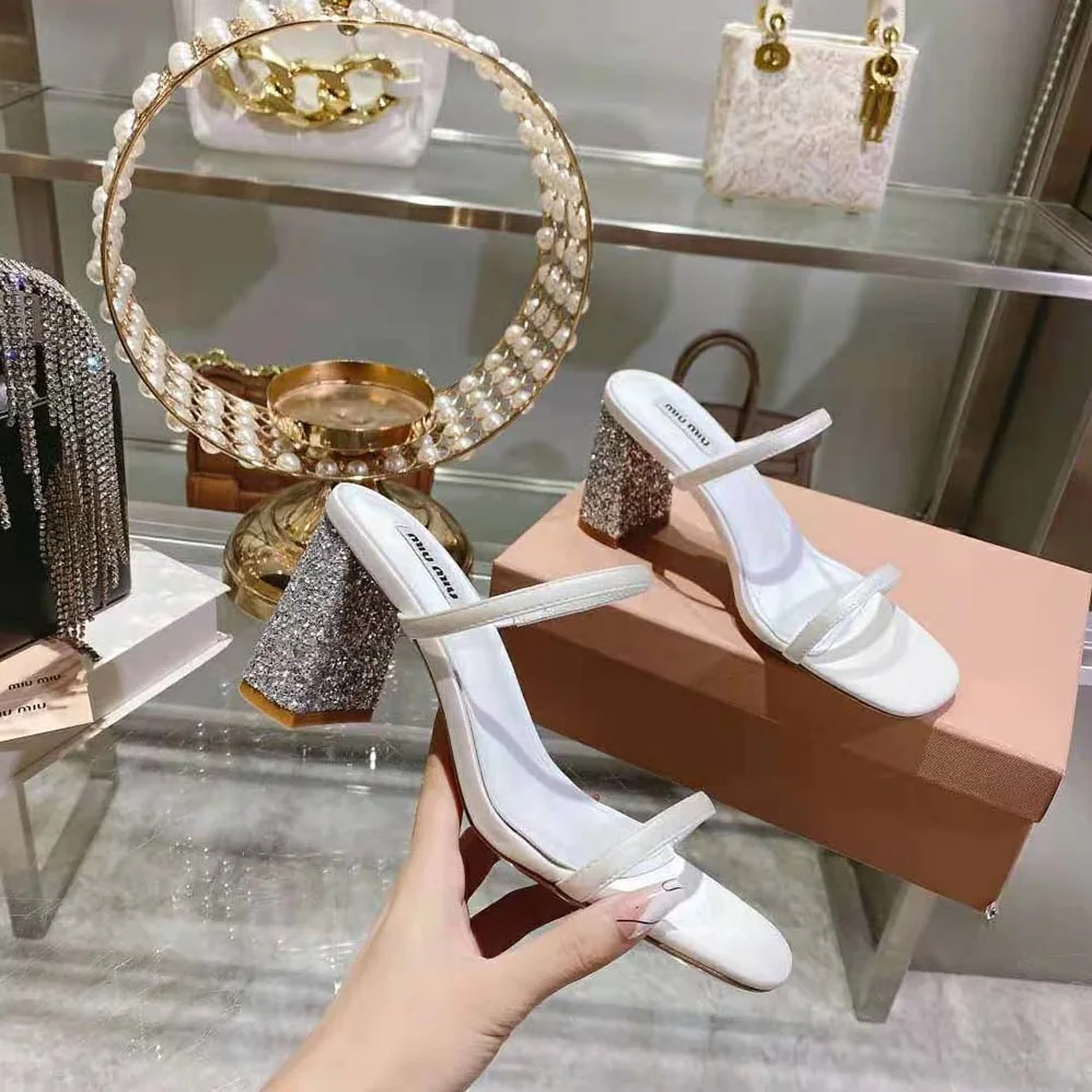 Miu Miu Satin and Glitter Slides in 85 mm Heel Height for Women in White Miu Miu Satin and Glitter Slides in 85 mm Heel Height for Women in White