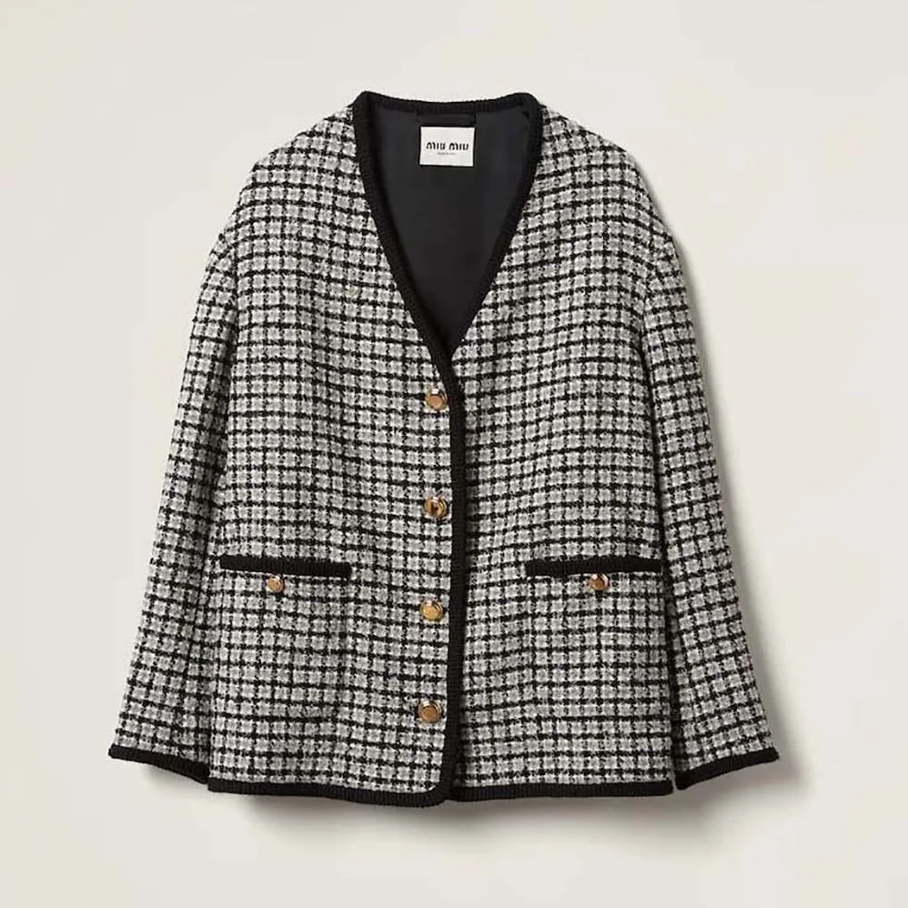 Miu Miu Single-breasted Boucle Jacket with Embroidered Logo for Women