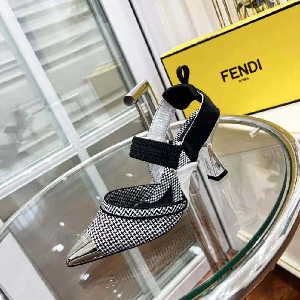 Fendi Colibrì High-Heeled Slingbacks in Black Houndstooth Fabric for Women Fendi Colibrì High-Heeled Slingbacks in Black Houndstooth Fabric for Women