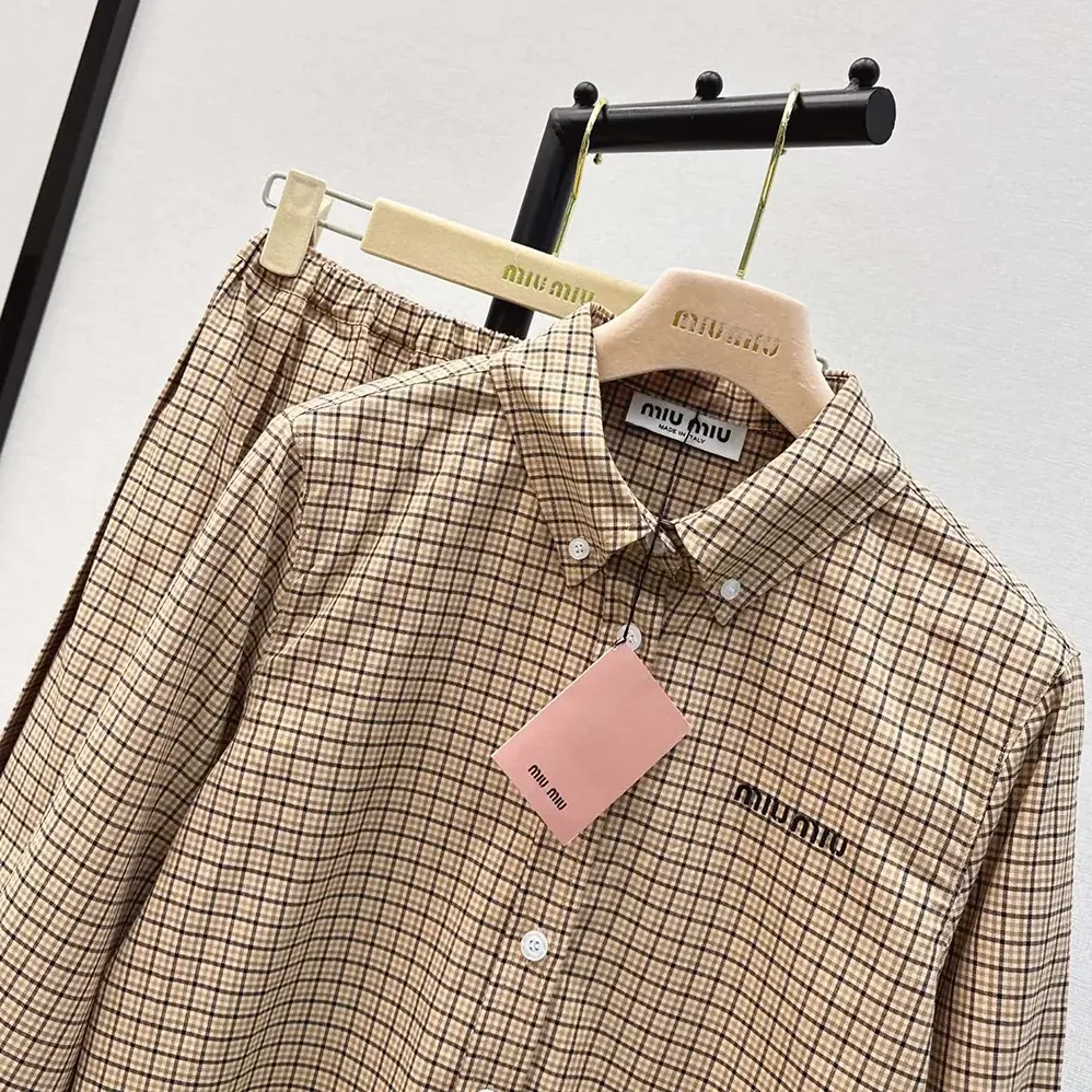Miu Miu Checked Shirt with Embroidered Logo for Women Miu Miu Checked Shirt with Embroidered Logo for Women