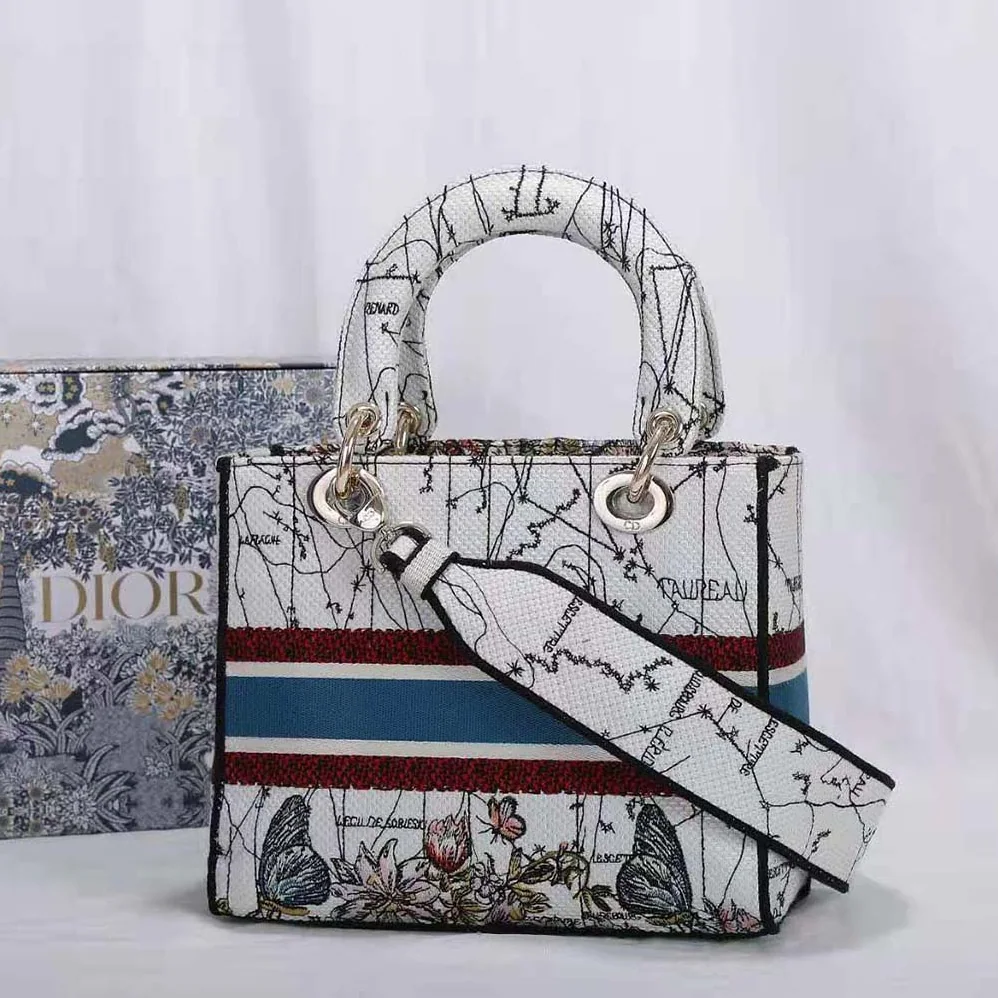 Dior Medium Lady D-lite Bag Latte Multicolor Dior Constellation Embroidery for Women in White