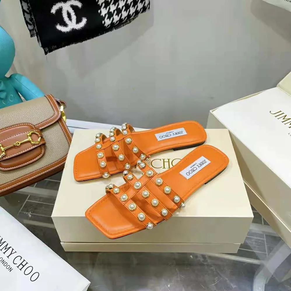 Jimmy Choo Hazal Flat Amber Orange Suede Caged Flats with Pearl Studs for Women Jimmy Choo Hazal Flat Amber Orange Suede Caged Flats with Pearl Studs for Women