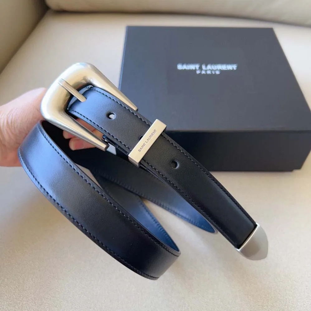 Saint Laurent YSL Folk Buckle Belt in Smooth Leather for Women