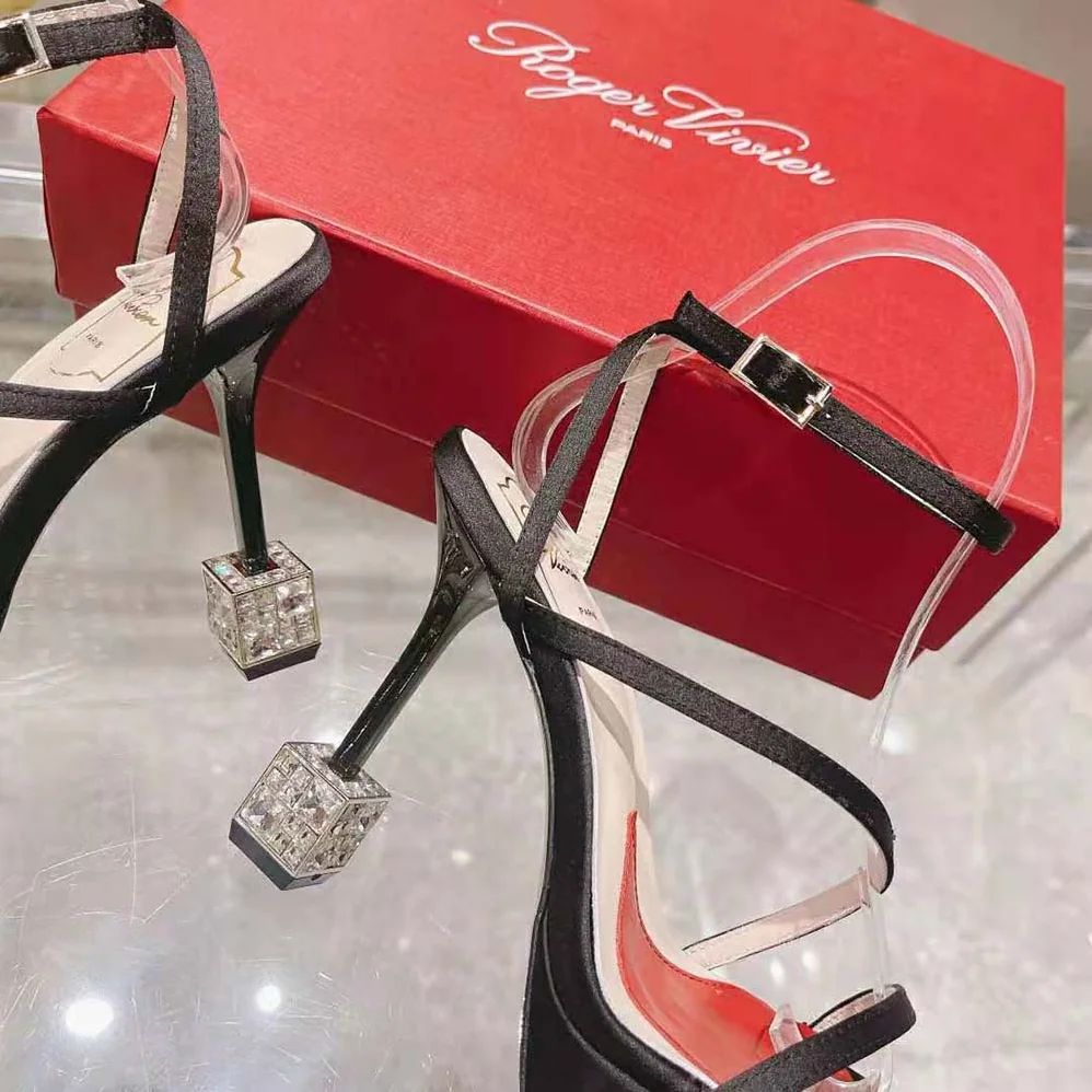 Roger Vivier Cube Strass Heel Sandals in Satin for Women in Black Roger Vivier Cube Strass Heel Sandals in Satin for Women in Black