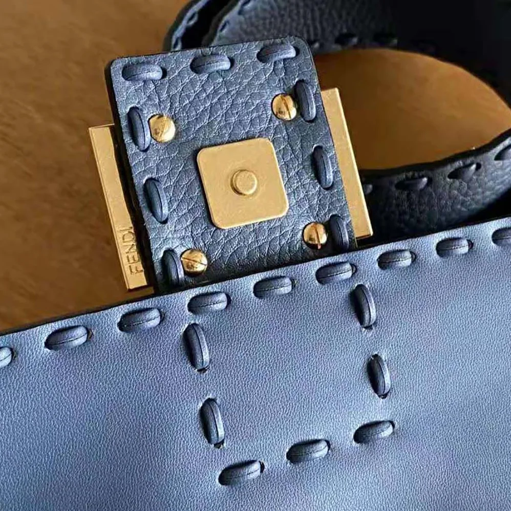 Fendi Baguette Blue Selleria Bag with Oversized Topstitching for Women