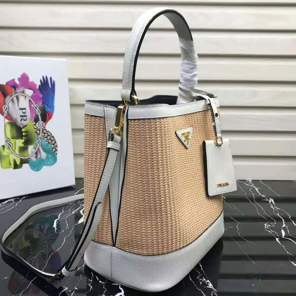 Prada Prada Panier Medium Straw Bag for Women in White Prada Prada Panier Medium Straw Bag for Women in White