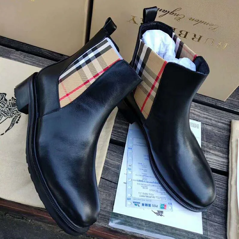 Burberry Vintage Check Detail Leather Chelsea Boots for Women in Black Burberry Vintage Check Detail Leather Chelsea Boots for Women in Black