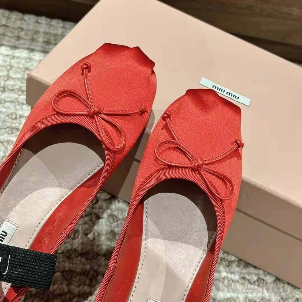 Miu Miu Satin Ballerinas with Knit Logo Label for Women in Red