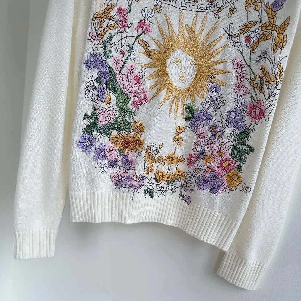 Dior Embroidered Sweater White Cashmere Knit with Multicolor Dior 4 Saisons Été Motif for Women