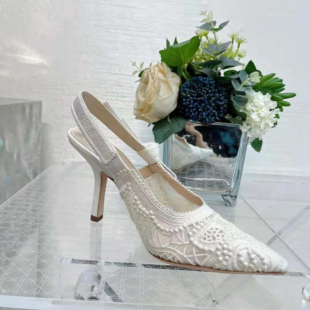 Dior J'Adior Slingback Pump White Macramé Embroidered Cotton for Women Dior J'Adior Slingback Pump White Macramé Embroidered Cotton for Women