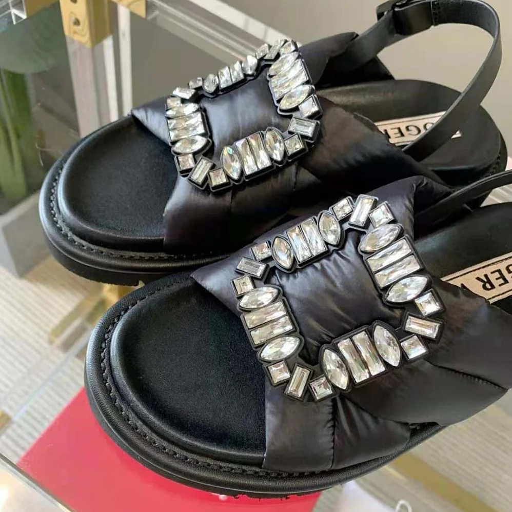Roger Vivier Viv Winter Puffy Strass Buckle Sandals in Fabric for Women in Black Roger Vivier Viv Winter Puffy Strass Buckle Sandals in Fabric for Women in Black