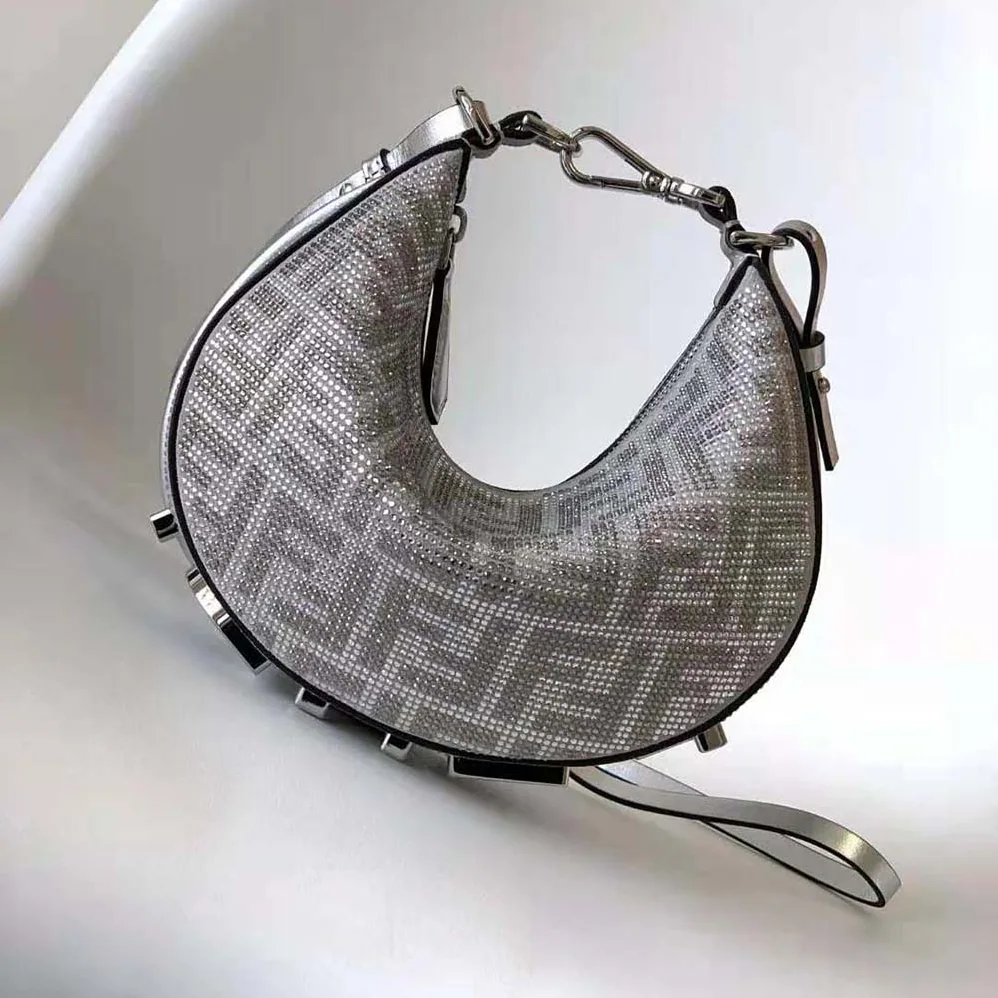 Fendi Fendigraphy Mini Silver Leather Mini Bag with Crystal FF Motif for Women Fendi Fendigraphy Mini Silver Leather Mini Bag with Crystal FF Motif for Women