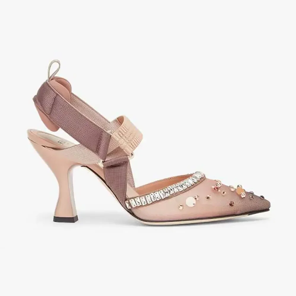 Fendi Colibrì Pink Mesh and Crystals High for Women in heeled Slingbacks