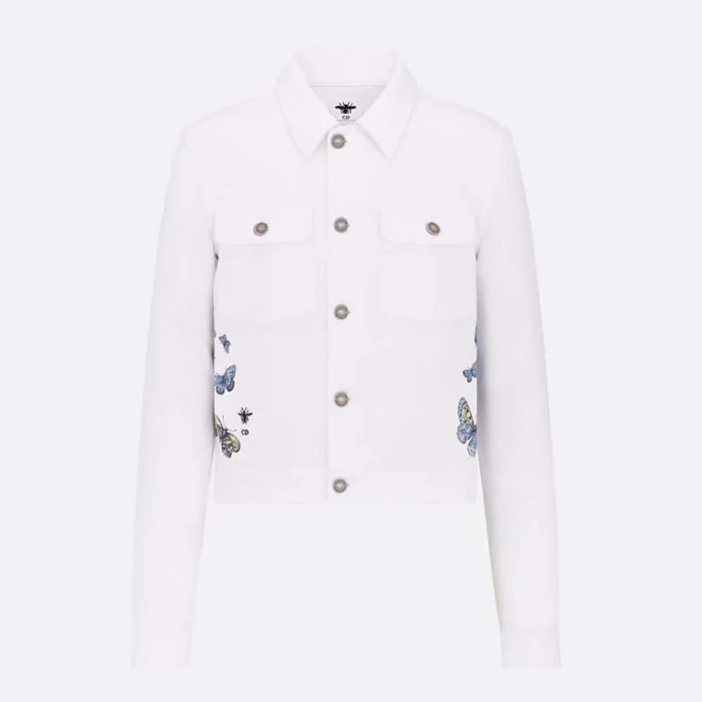 Dior Jacket Ecru Cotton Denim with Multicolor Butterfly Around the World Motif for Women Dior Jacket Ecru Cotton Denim with Multicolor Butterfly Around the World Motif for Women