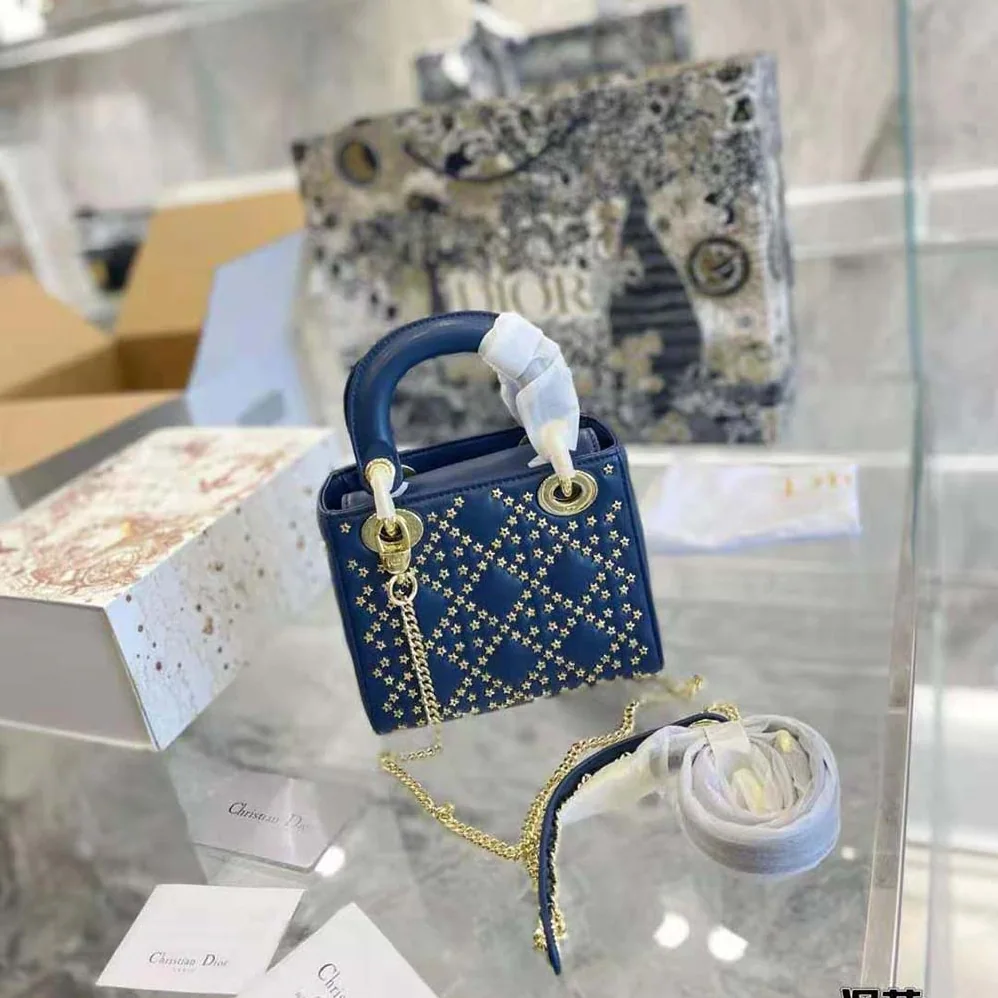 Dior Mini Lady Dior Bag Denim Blue Lucky Star Cannage Lambskin for Women