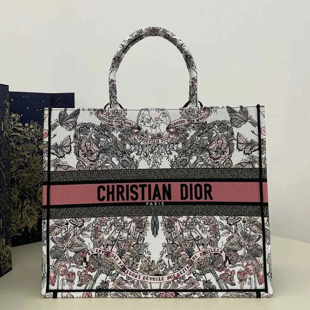 Dior Large Dior Book Tote White and Pastel Pink Butterfly Around The World Embroidery for Women Dior Large Dior Book Tote White and Pastel Pink Butterfly Around The World Embroidery for Women