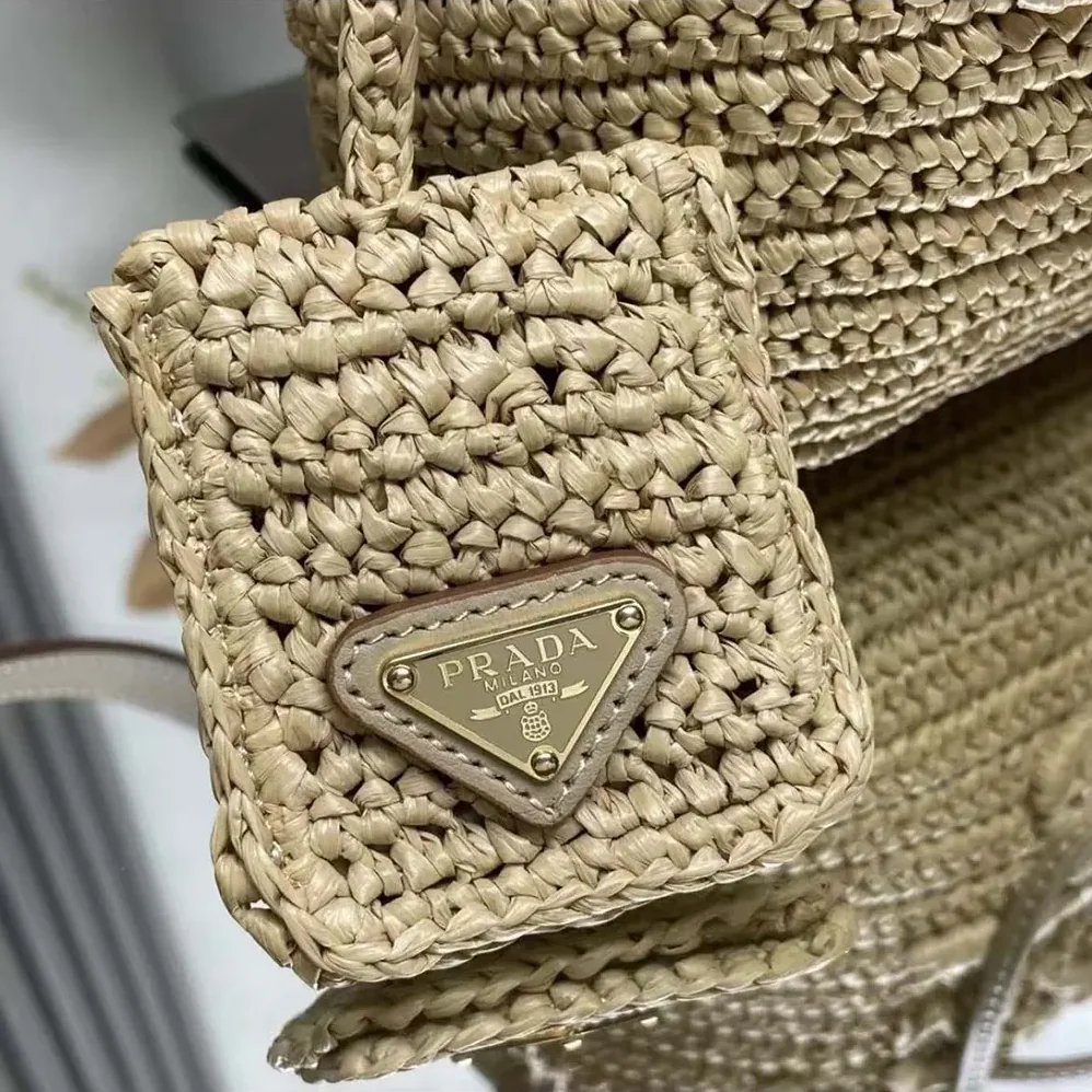 Prada Mini Crochet and Leather Bucket Bag for Women in Natural