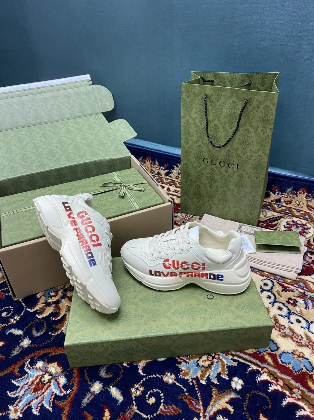 Gucci Rhyton Sneakers With Gucci Love Parade Red White Ivory for Men Gucci Rhyton Sneakers With Gucci Love Parade Red White Ivory for Men