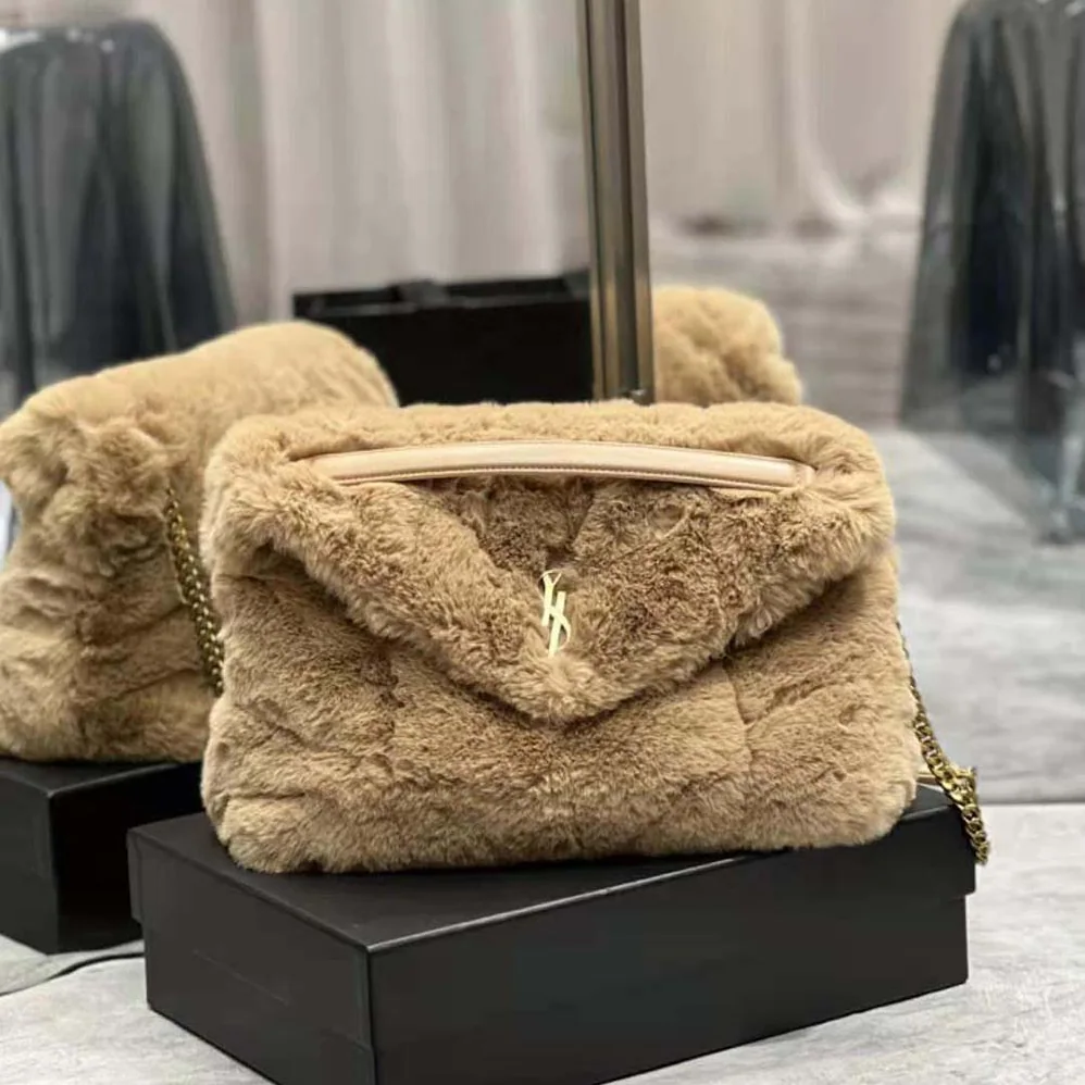 Saint Laurent YSL Puffer Small Bag in Merino Shearling and Lambskin for Women in Sandy Saint Laurent YSL Puffer Small Bag in Merino Shearling and Lambskin for Women in Sandy