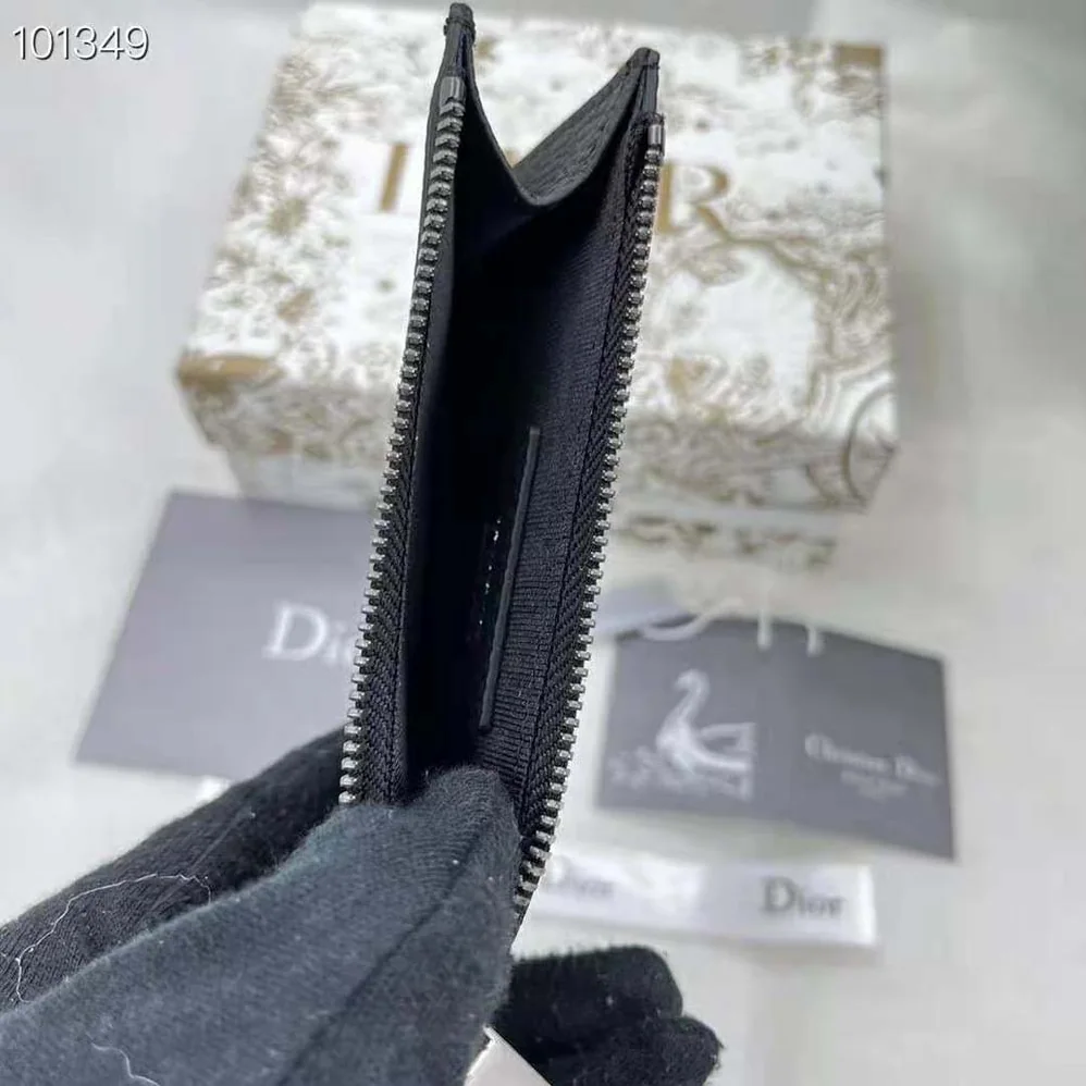 Dior Zipped Card Holder Black Grained Calfskin with CD Icon Signature for Men