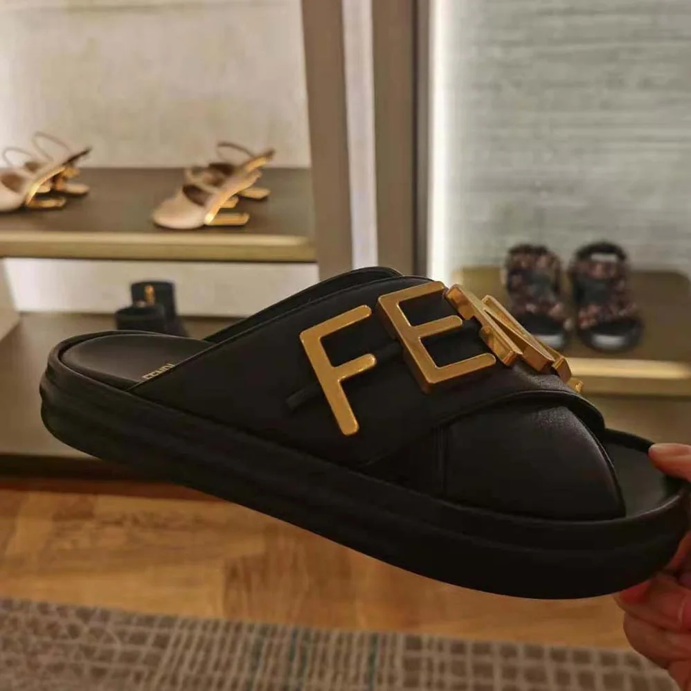 Fendi Fendigraphy Black Leather Slides for Women Fendi Fendigraphy Black Leather Slides for Women