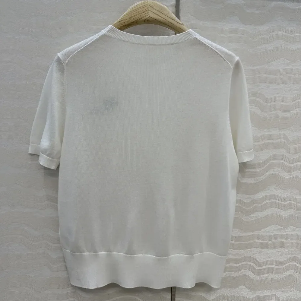 Dior Short-Sleeved Fitted Sweater White Wool Knit with Green and Black Dior Clover Signature for Women Dior Short-Sleeved Fitted Sweater White Wool Knit with Green and Black Dior Clover Signature for Women
