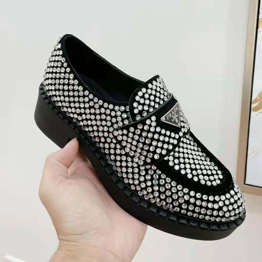Prada Chocolate Satin Loafers with Crystals for Women in Silver Prada Chocolate Satin Loafers with Crystals for Women in Silver