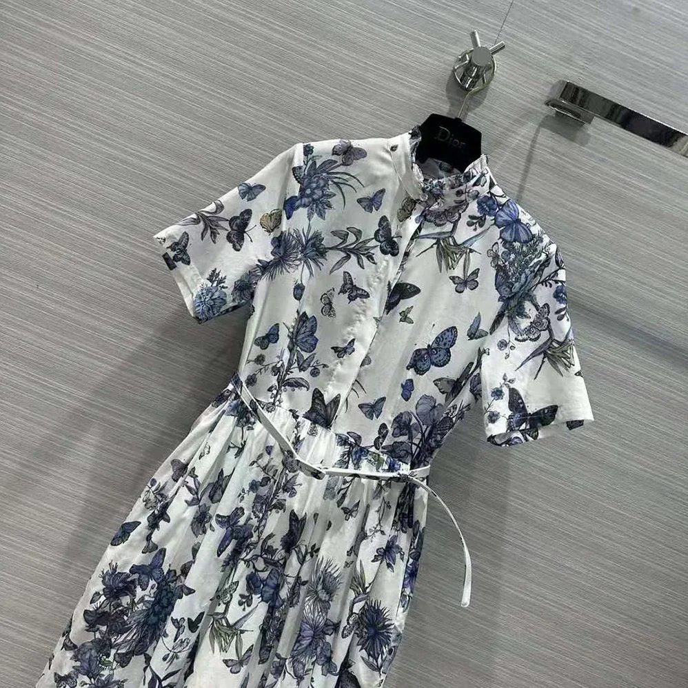 Dior Mid-length Shirt Dress White and Pastel Midnight Blue Cotton Voile for Women Dior Mid-length Shirt Dress White and Pastel Midnight Blue Cotton Voile for Women