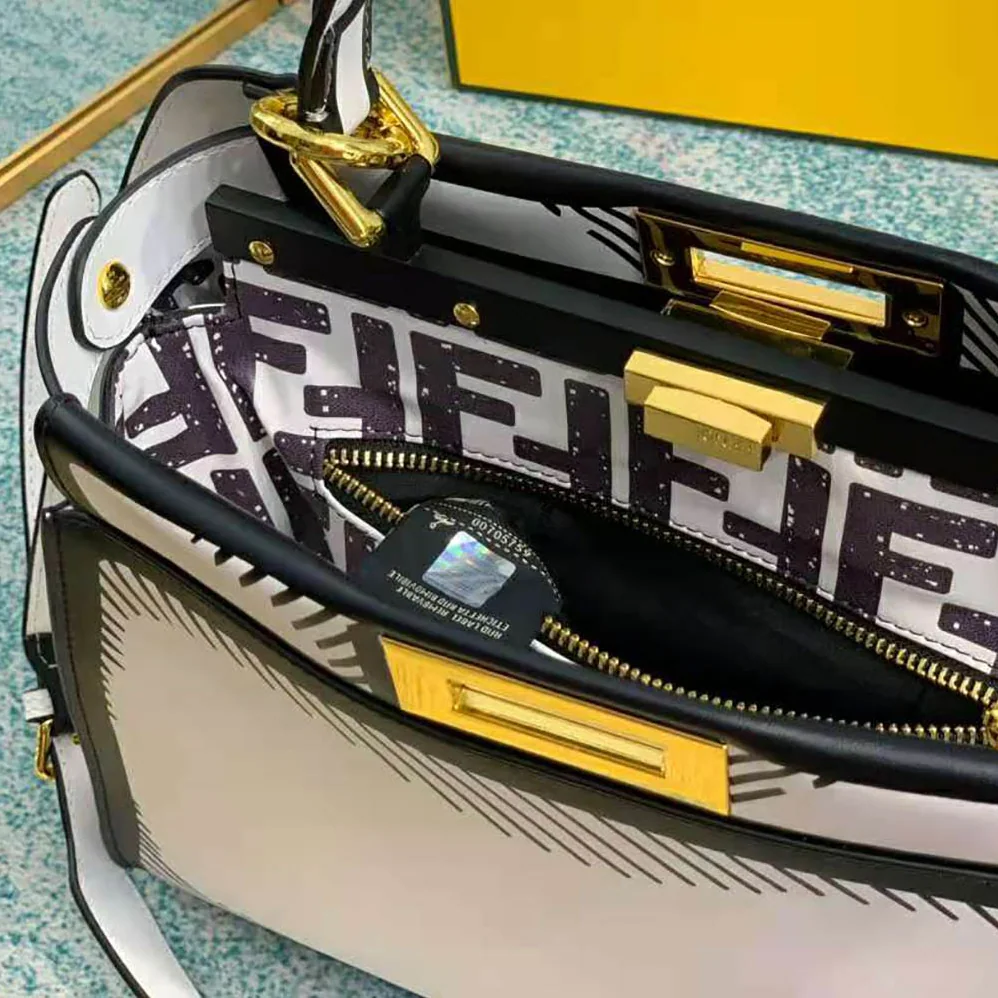 Fendi Peekaboo Iconic Medium White Leather FF Print Bag for Women Fendi Peekaboo Iconic Medium White Leather FF Print Bag for Women