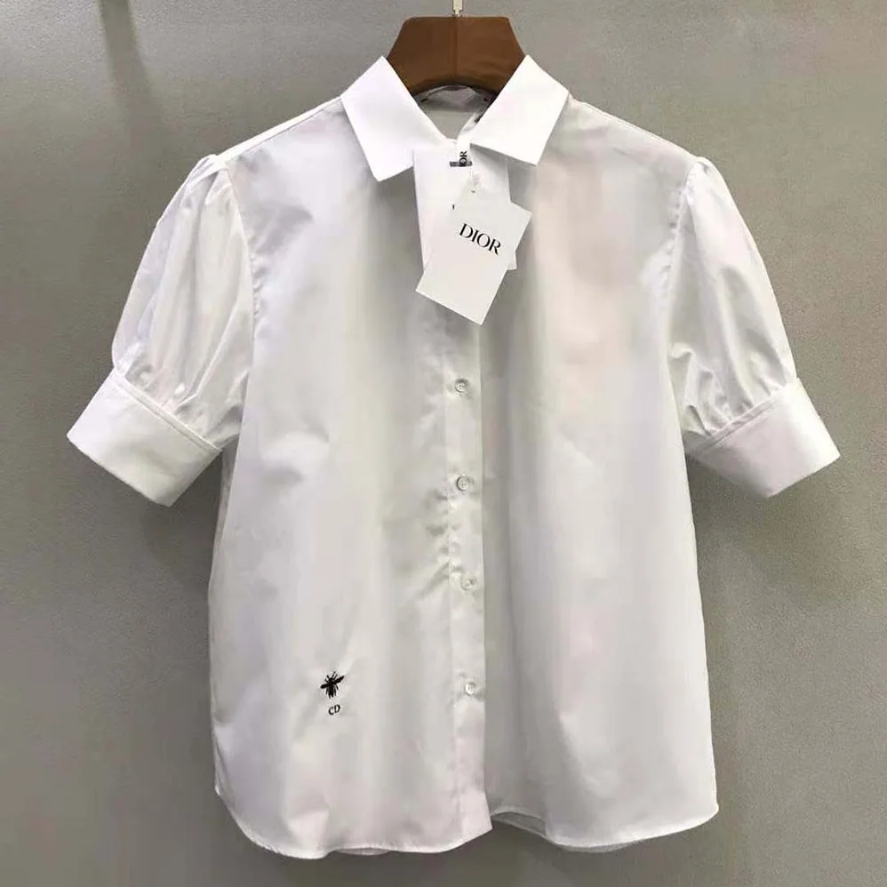 Dior Puffed Short-Sleeved Blouse White Cotton Poplin for Women Dior Puffed Short-Sleeved Blouse White Cotton Poplin for Women