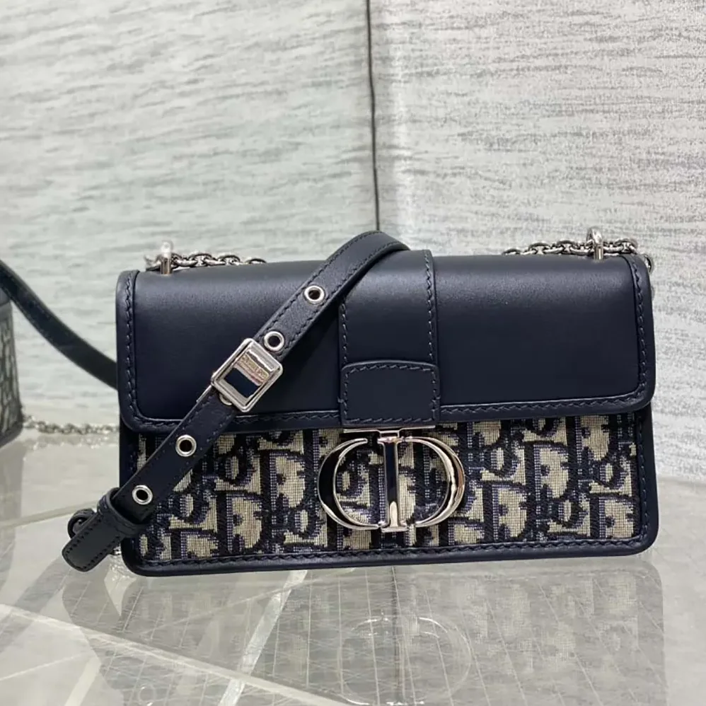Dior 30 Montaigne East-West Bag with Chain Blue Dior Oblique Jacquard and Smooth Calfskin for Women