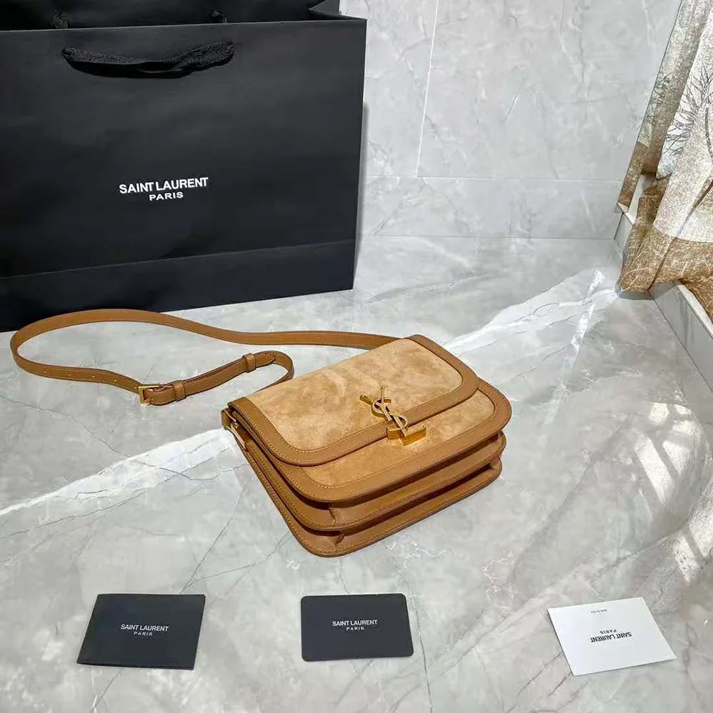 Saint Laurent YSL Solferino Medium Soft Satchel in Bsuede and Smooth Leather for Women in Brown