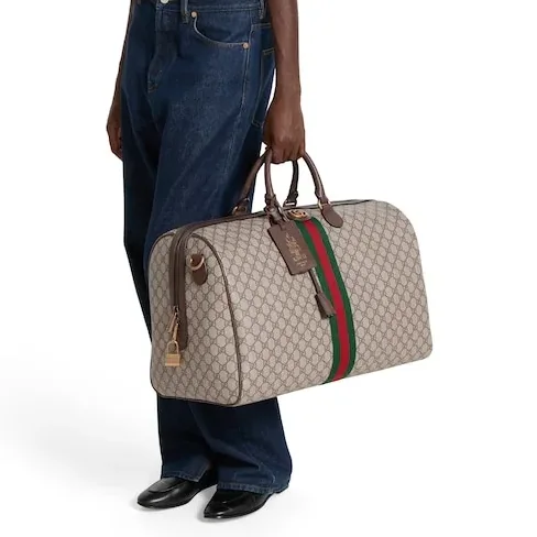 Gucci Savoy Large Duffle Travel Bag / Beige/ Dark Brown Gold Hardware