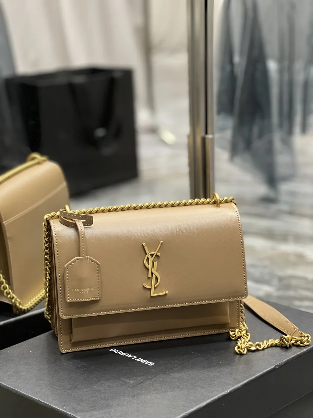 Saint Laurent Sunset Chain Medium Crossbody Bag in Dark Beige Gold Hardware