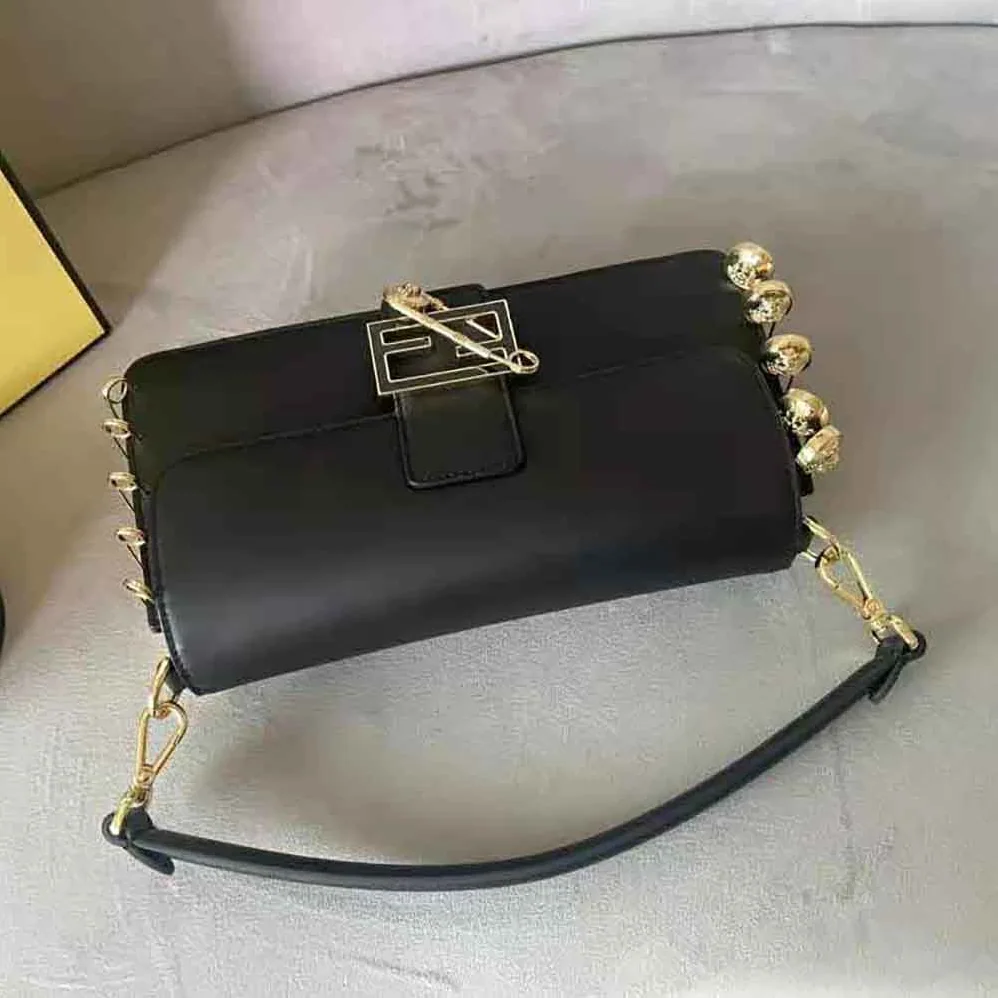 Fendi Baguette Brooch Fendace Black Leather Bag for Women