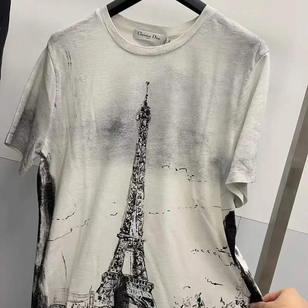 Dior T-Shirt Black and White Cotton and Linen Jersey with Paris Motif for Women Dior T-Shirt Black and White Cotton and Linen Jersey with Paris Motif for Women