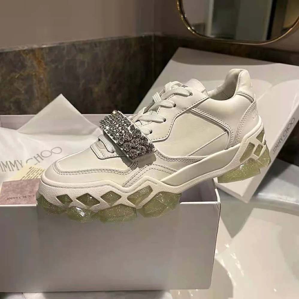 Jimmy Choo Diamond X Strap/F White Calf Leather Low Top Trainers with Crystal Strap for Women