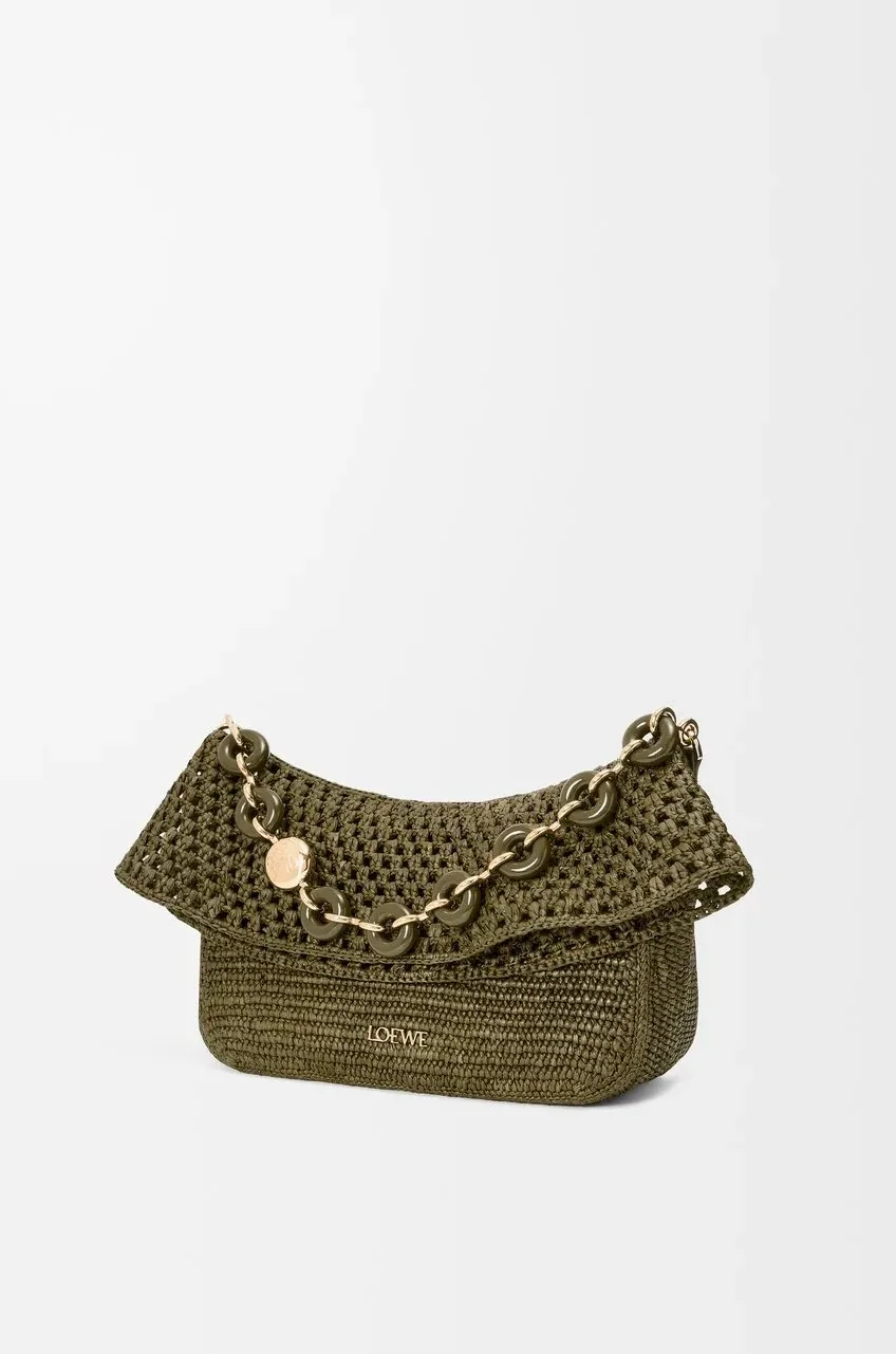 Loewe Medium Ola Bag In Raffia Dark Khaki / AP22P22X02