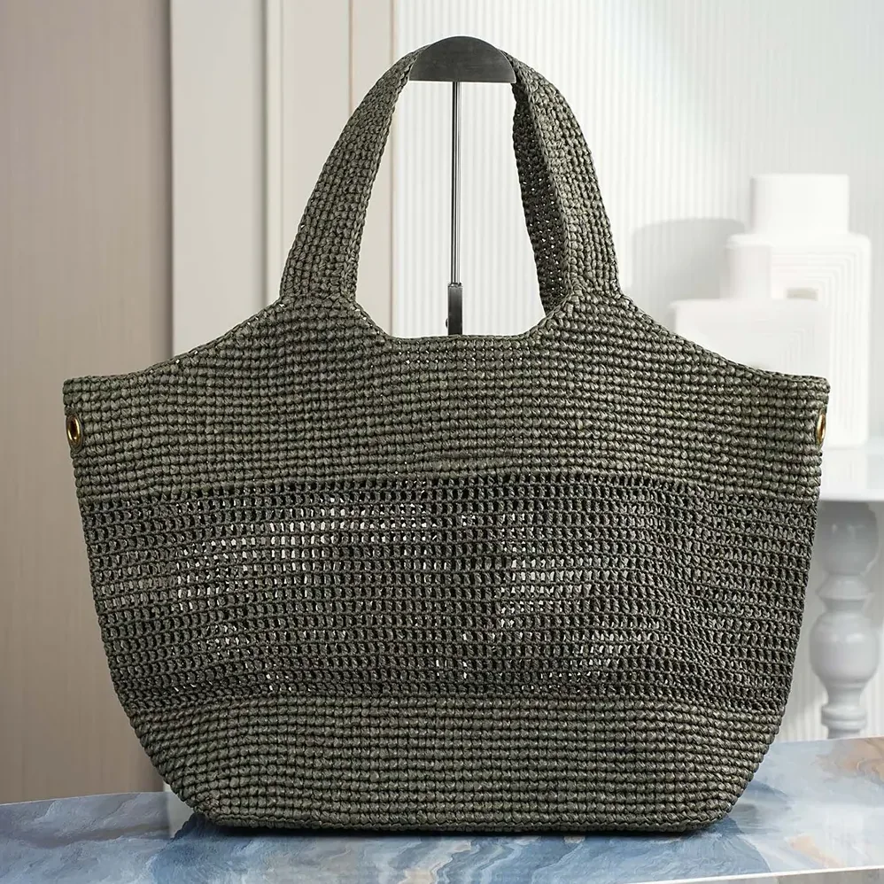 Saint Laurent YSL Icare Medium In Raffia Dark Green for Women