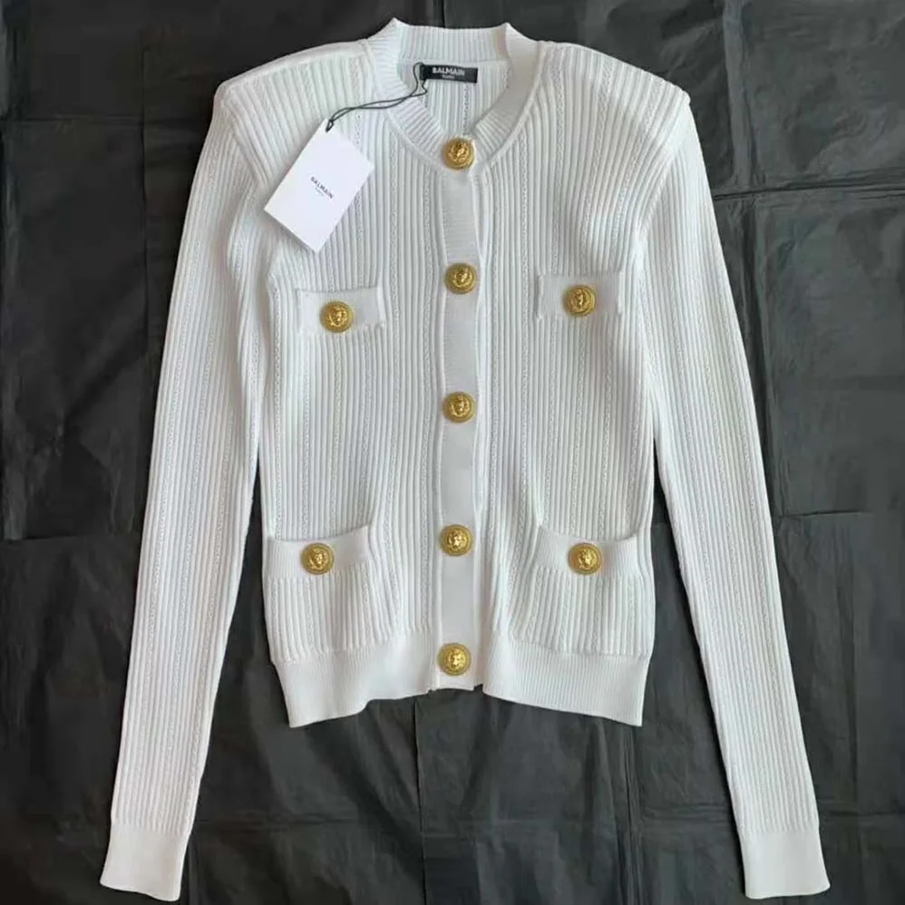 Balmain Knit Cardigan with Gold Buttons for Women in White