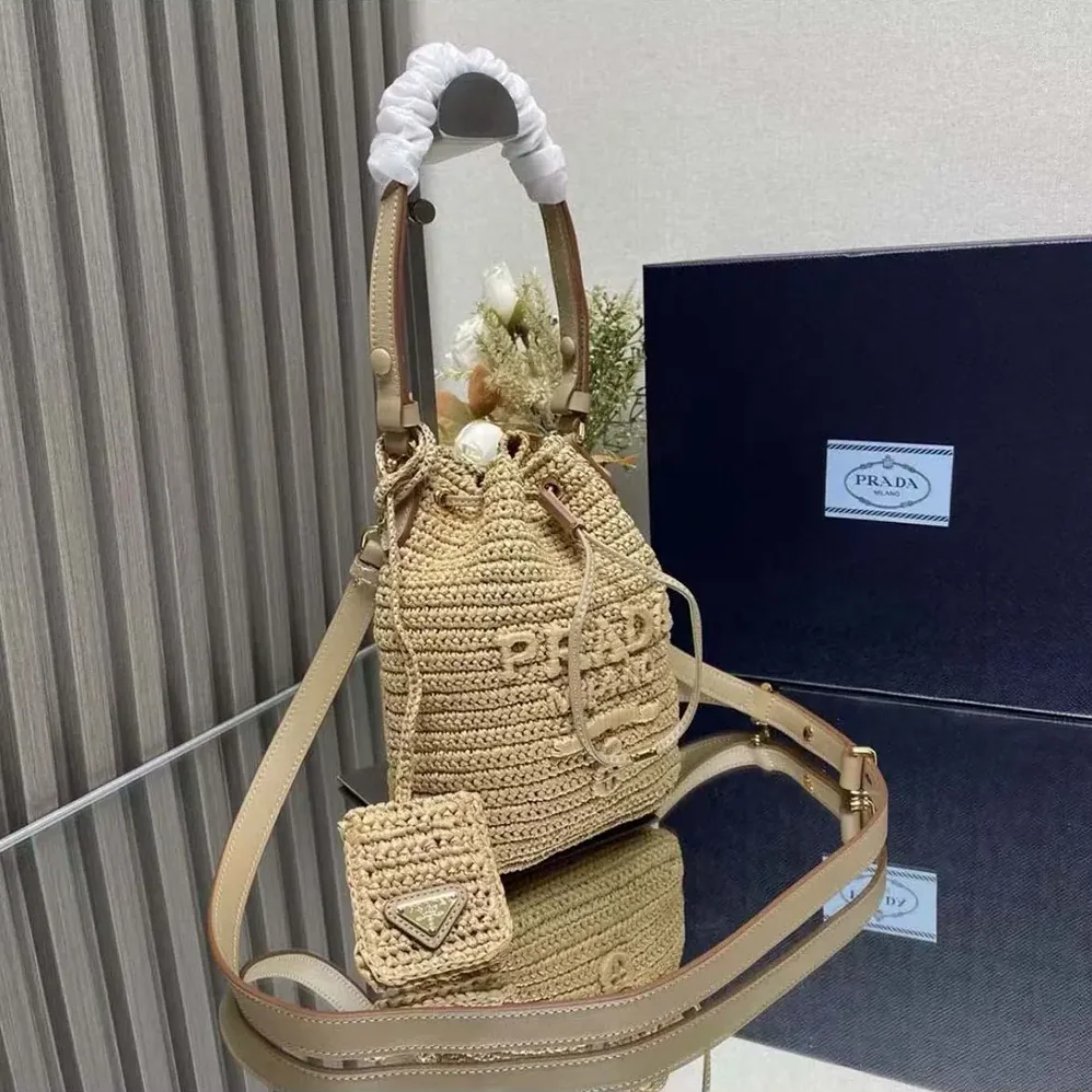 Prada Mini Crochet and Leather Bucket Bag for Women in Natural