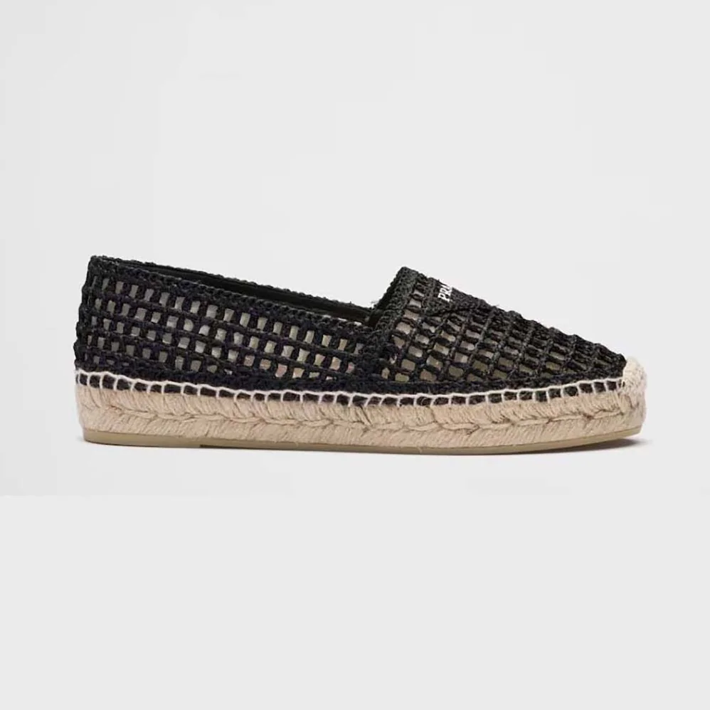 Prada Crochet Espadrilles with Embroidered Logo for Women in Black Prada Crochet Espadrilles with Embroidered Logo for Women in Black
