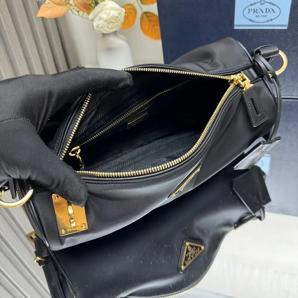 Prada Medium Re-Nylon and Leather Shoulder Bag with Padlock for Women Prada Medium Re-Nylon and Leather Shoulder Bag with Padlock for Women