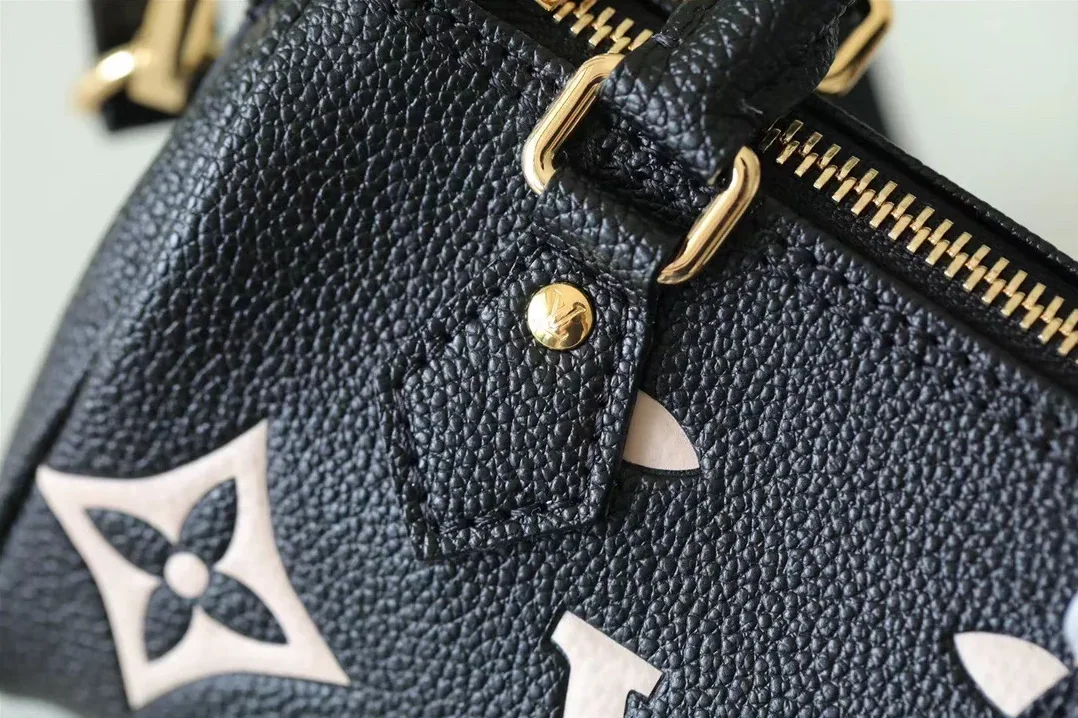 Louis Vuitton Nano Speedy Top Handle Bag / Black/ Beige Monogram Empreinte Gold Hardware