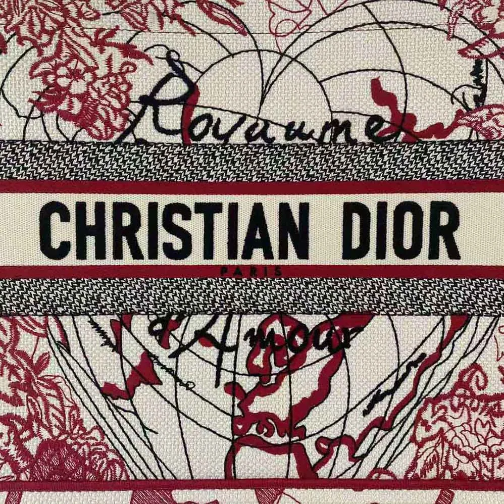 Dior Small Dior Book Tote Red and White D for Women in Royaume D Amour Embroidery