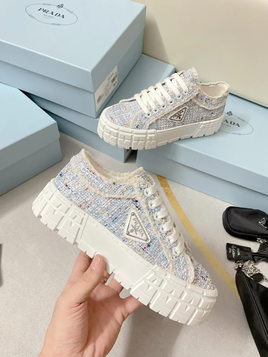 Prada Double Wheel Gabardine Sneakers Light Blue in PRD