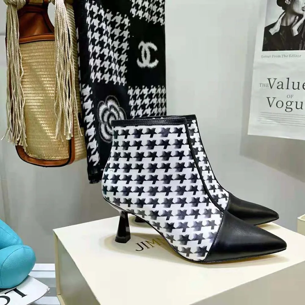 Jimmy Choo Kix/Z 65 Black Nappa and Latte and Black Star Houndstooth Printed Wool Ankle Boots for Women Jimmy Choo Kix/Z 65 Black Nappa and Latte and Black Star Houndstooth Printed Wool Ankle Boots for Women