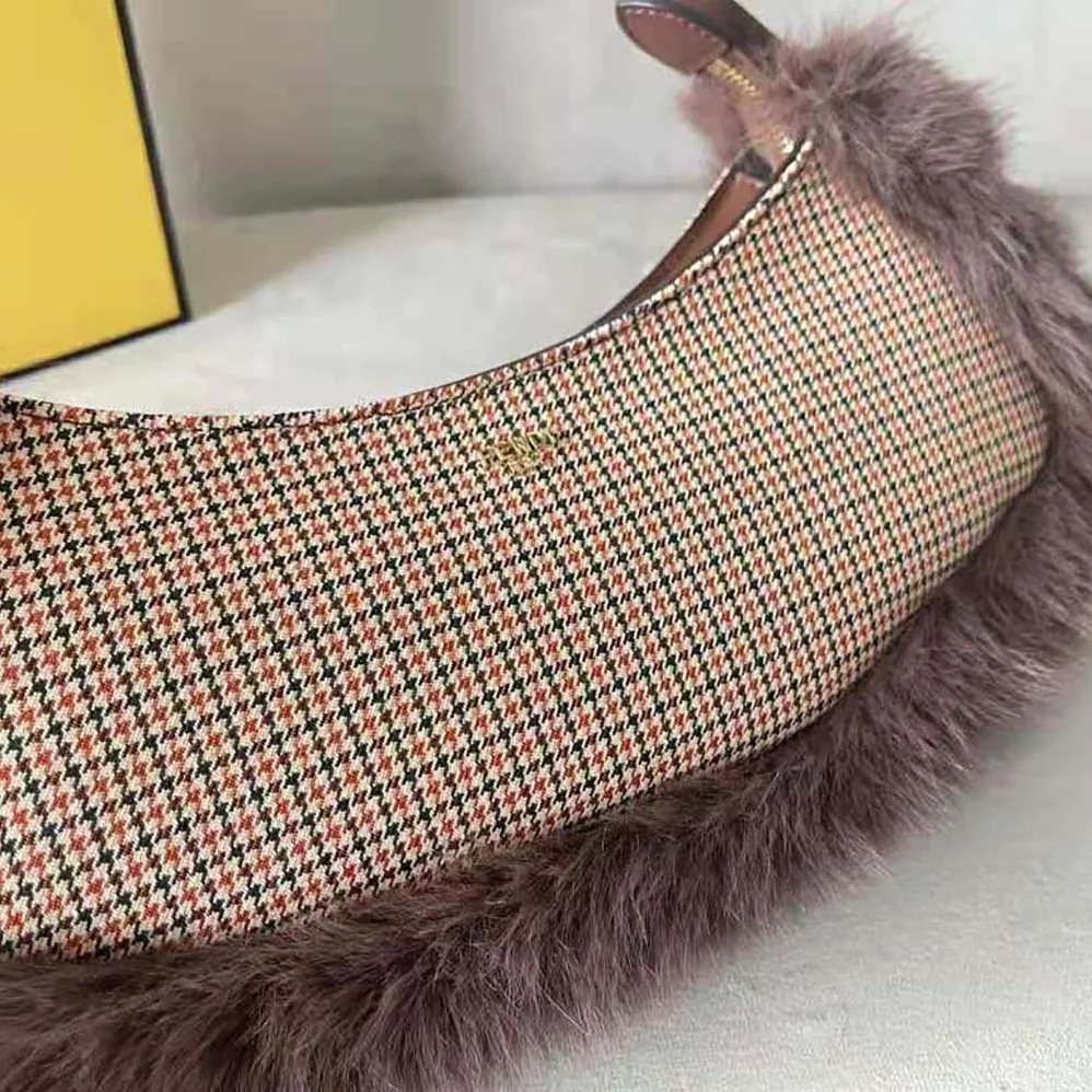 Fendi O'Lock Swing Brown Houndstooth Wool and Fox Fur Pouch for Women Fendi O'Lock Swing Brown Houndstooth Wool and Fox Fur Pouch for Women