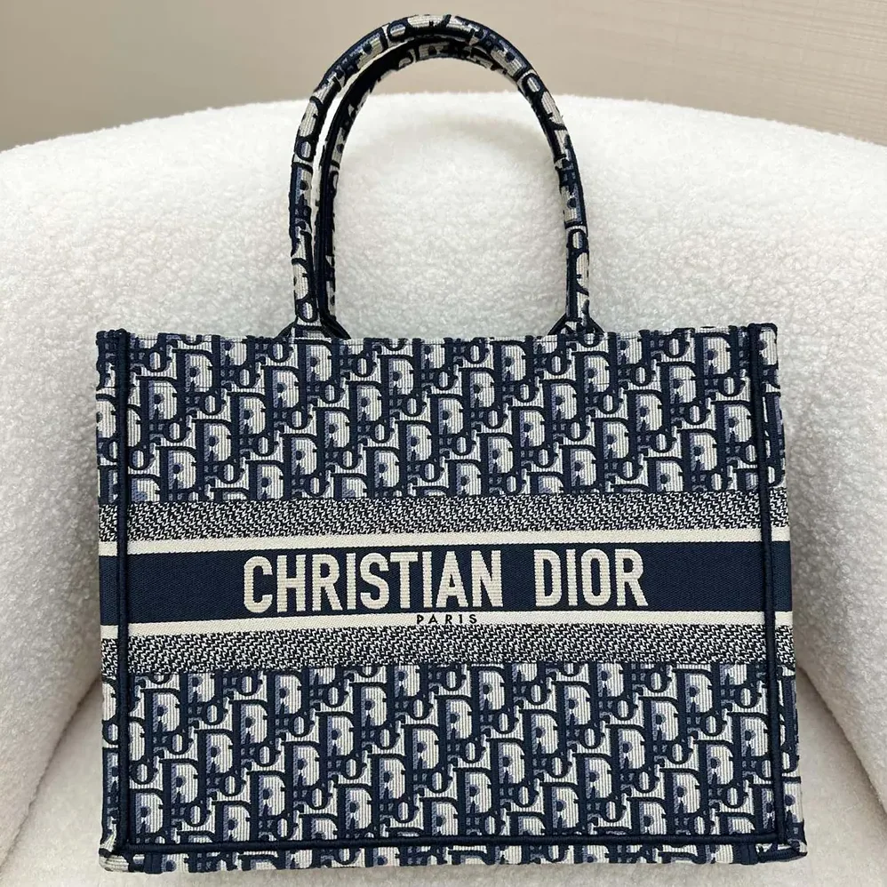Dior Medium Dior Book Tote Ecru and Blue Dior Oblique Embroidery for Women