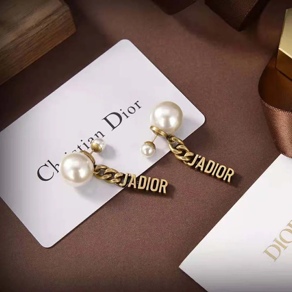 Dior Tribales Earrings Antique Gold-Finish Metal and White Resin Pearls for Women Dior Tribales Earrings Antique Gold-Finish Metal and White Resin Pearls for Women
